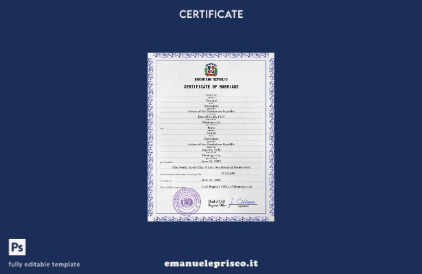 modello PSD di certificato di matrimonio della Repubblica Dominicana in stile ve